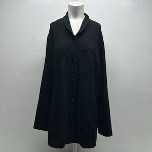 Eileen Fisher Cardigan Sweater Button Down Heavyweight Waffle Knit Black Large